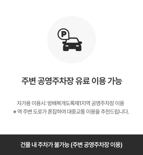 자가용이용시 주차 위치 건물 내 주차가 불가능 (주변 공영주차장 이용)